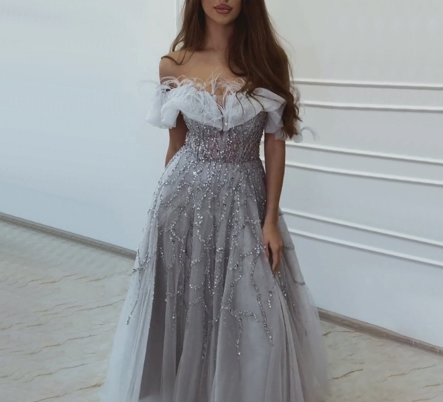 Grey Luxury Beaded Feathers A-Line Evening Gown