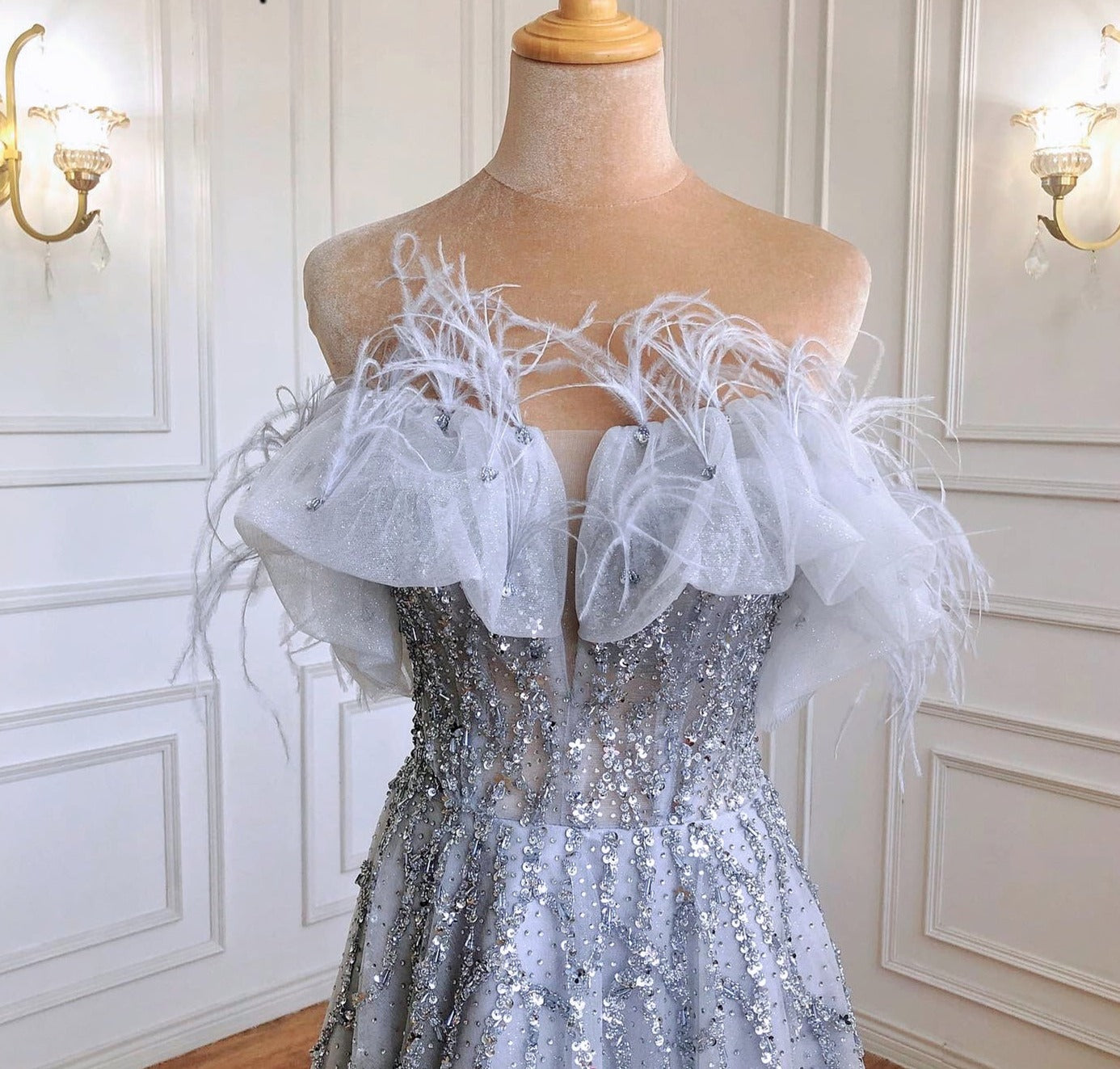 Grey Luxury Beaded Feathers A-Line Evening Gown