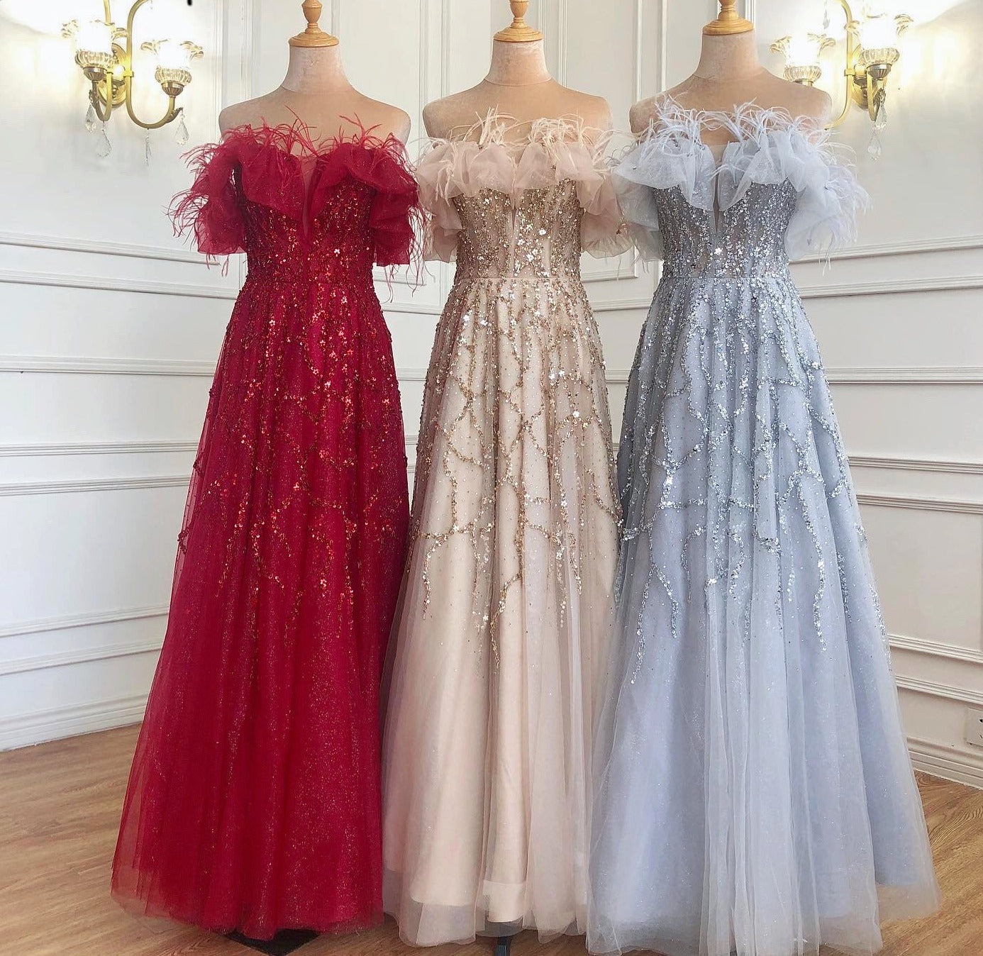 Grey Luxury Beaded Feathers A-Line Evening Gown