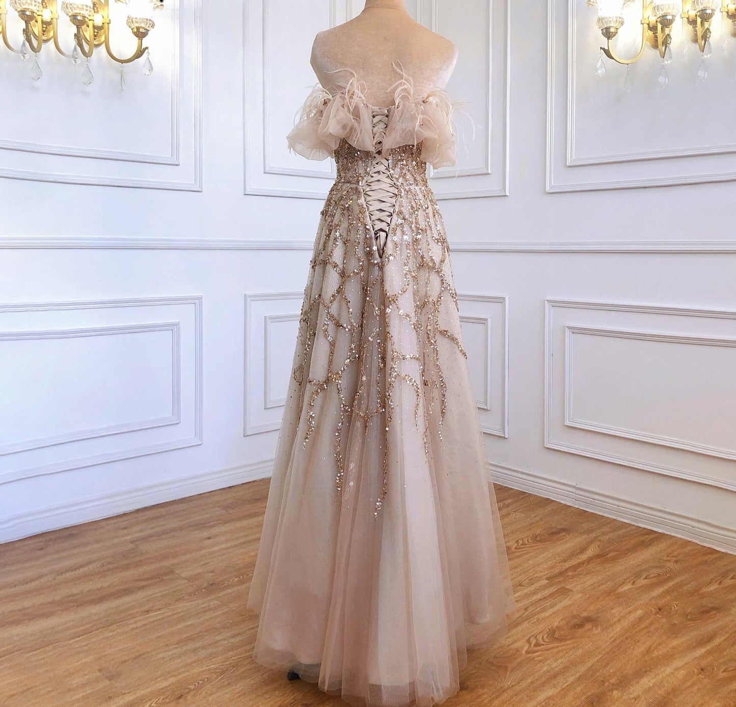 Grey Luxury Beaded Feathers A-Line Evening Gown