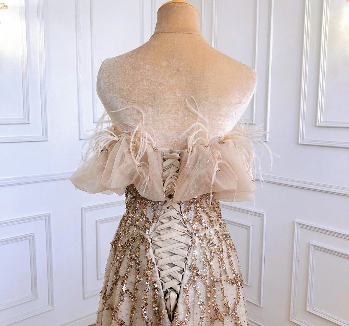 Grey Luxury Beaded Feathers A-Line Evening Gown