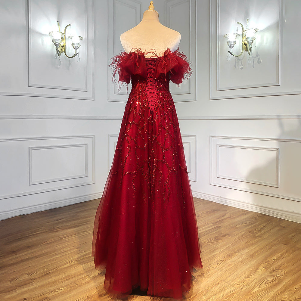 Grey Luxury Beaded Feathers A-Line Evening Gown