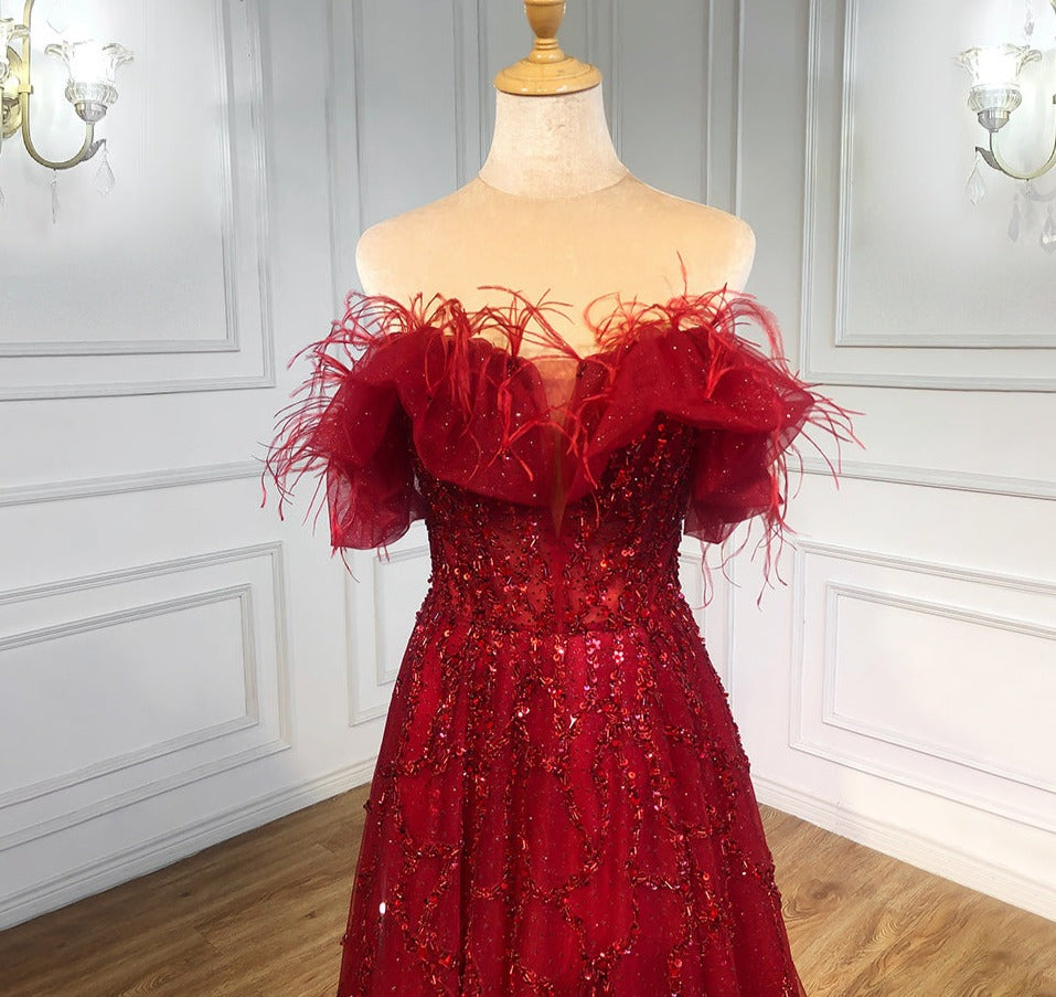 Grey Luxury Beaded Feathers A-Line Evening Gown