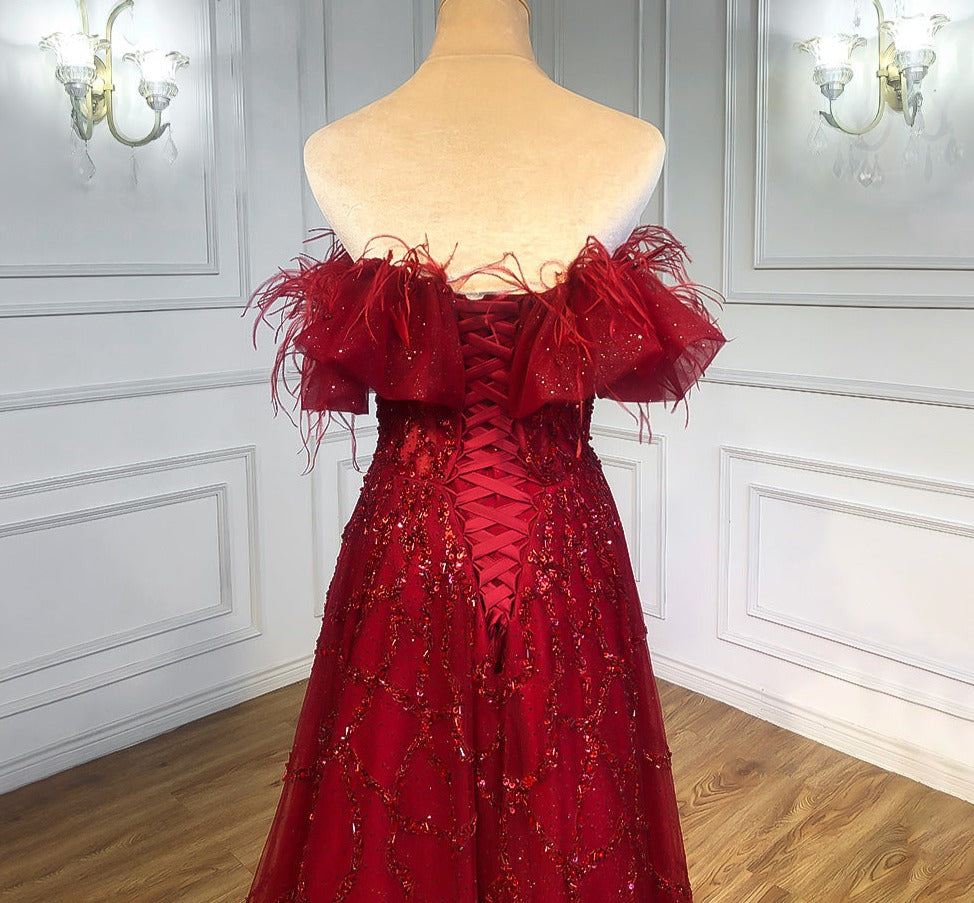 Grey Luxury Beaded Feathers A-Line Evening Gown