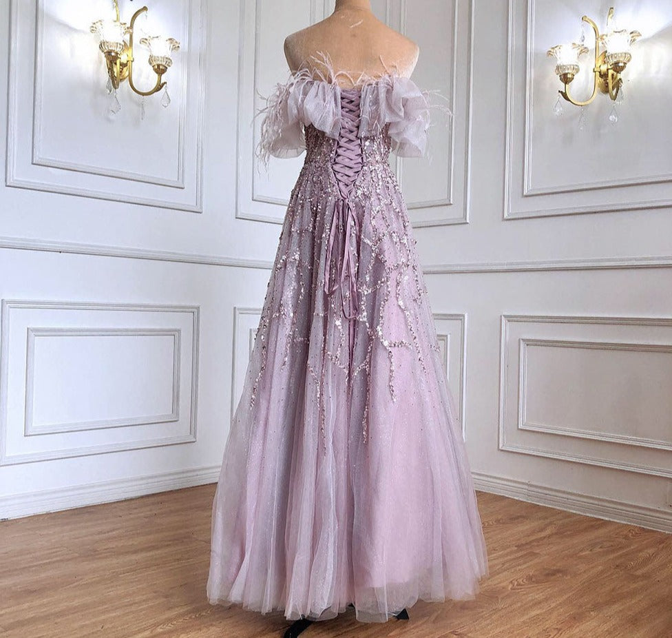 Grey Luxury Beaded Feathers A-Line Evening Gown