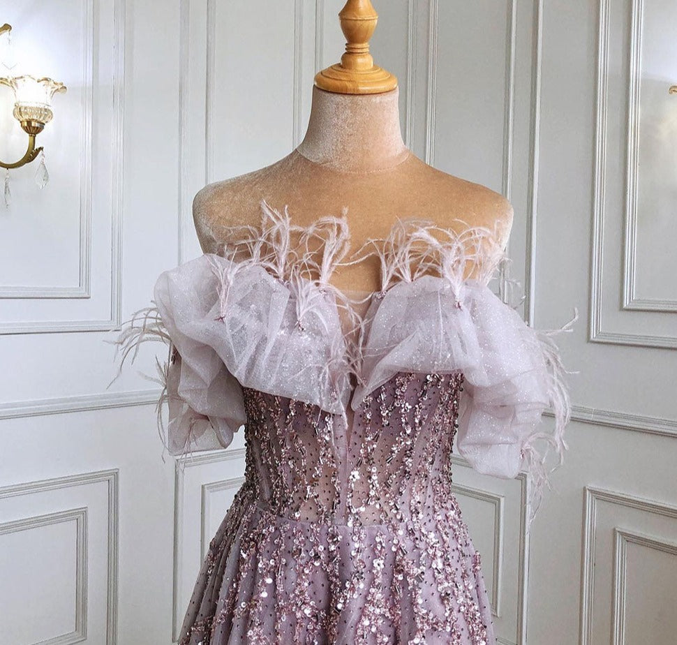 Grey Luxury Beaded Feathers A-Line Evening Gown