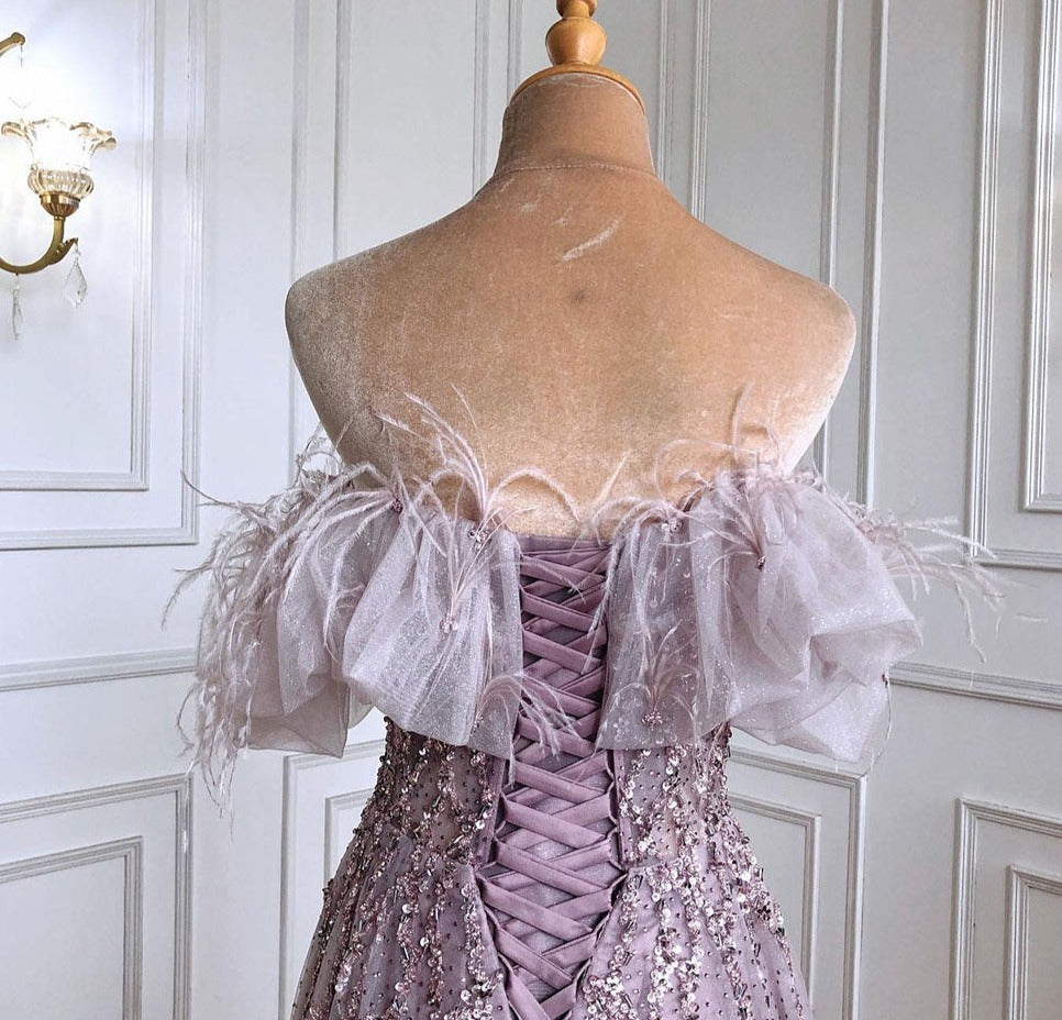 Grey Luxury Beaded Feathers A-Line Evening Gown