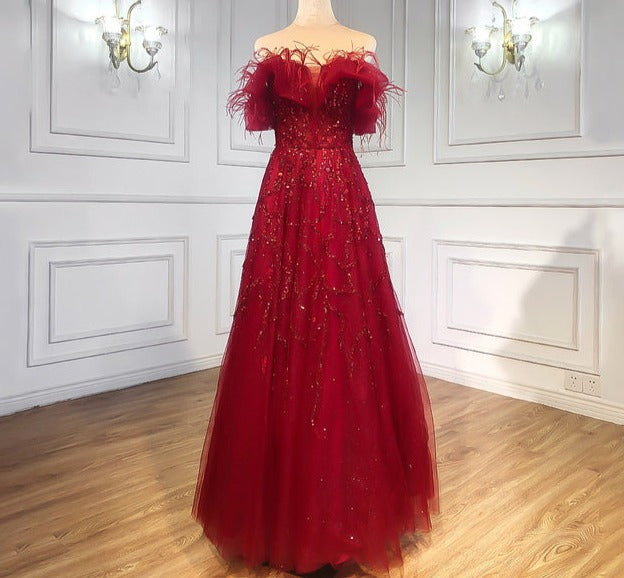 Grey Luxury Beaded Feathers A-Line Evening Gown