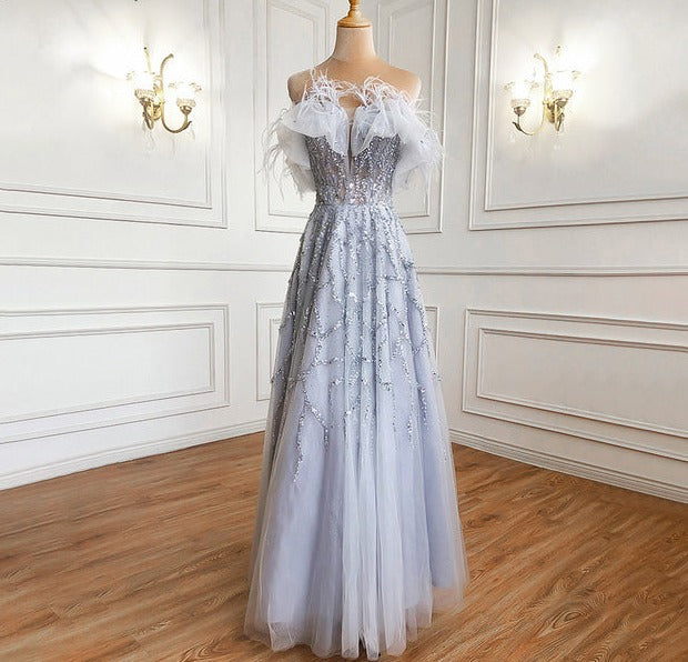 Grey Luxury Beaded Feathers A-Line Evening Gown