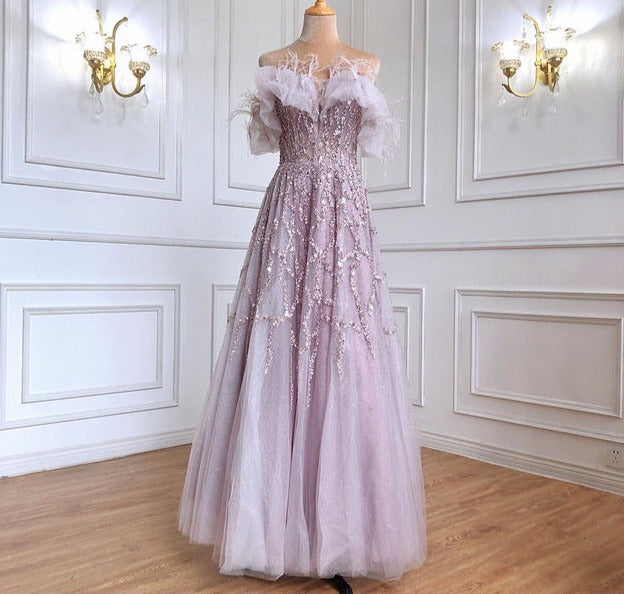 Grey Luxury Beaded Feathers A-Line Evening Gown