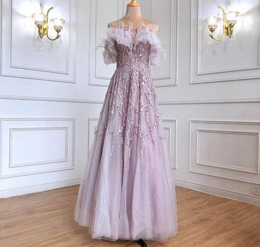 Grey Luxury Beaded Feathers A-Line Evening Gown