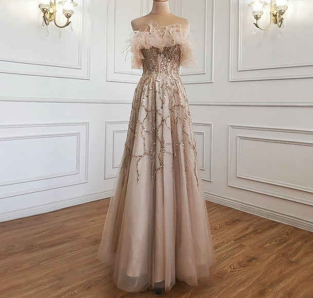 Grey Luxury Beaded Feathers A-Line Evening Gown