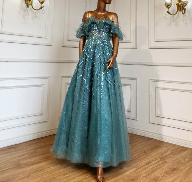 Grey Luxury Beaded Feathers A-Line Evening Gown