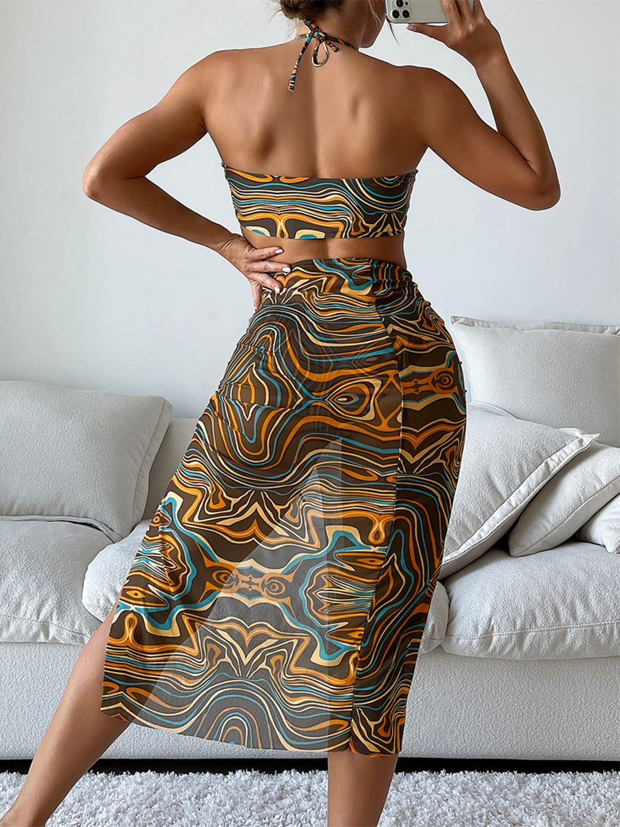 Print Bikini 2022 Mesh 3 pieces set Sexy Swimsuit Women