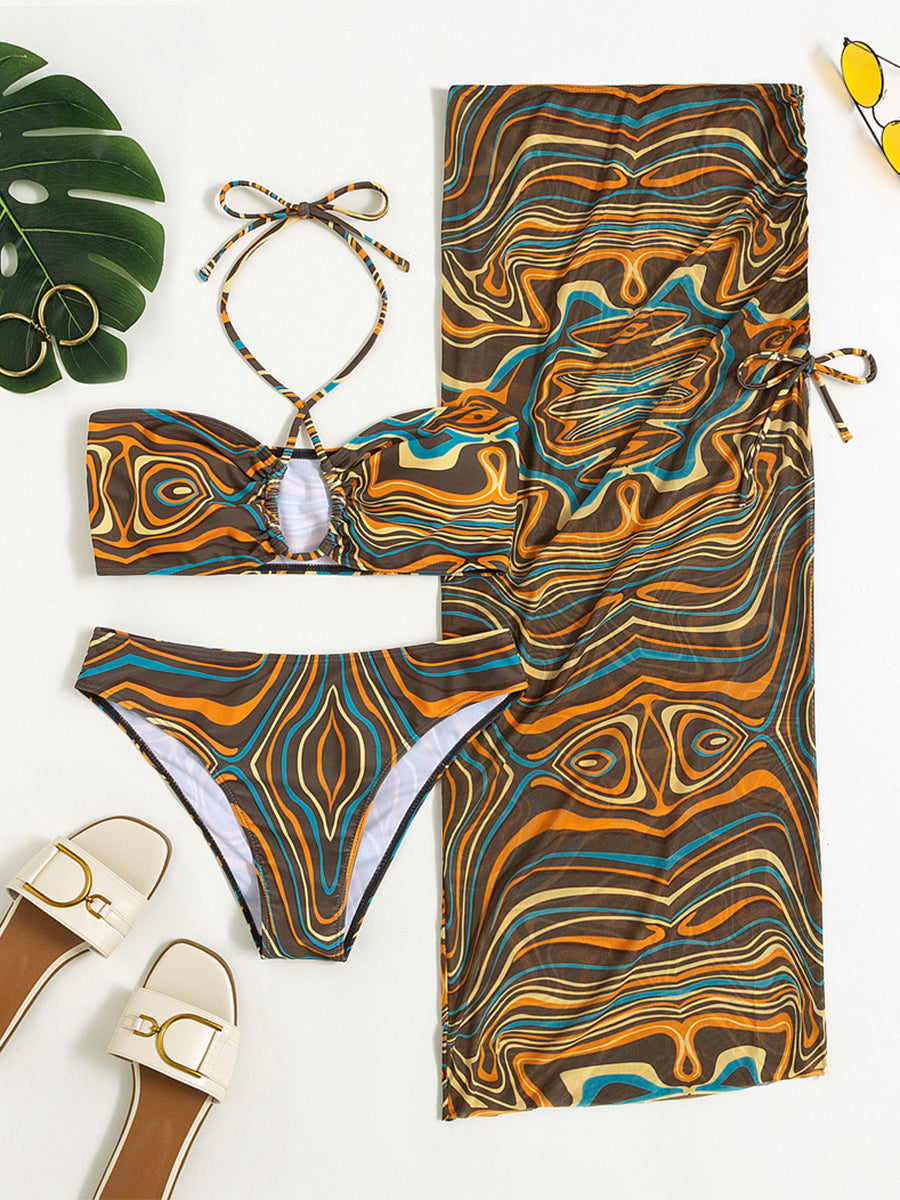 Print Bikini 2022 Mesh 3 pieces set Sexy Swimsuit Women