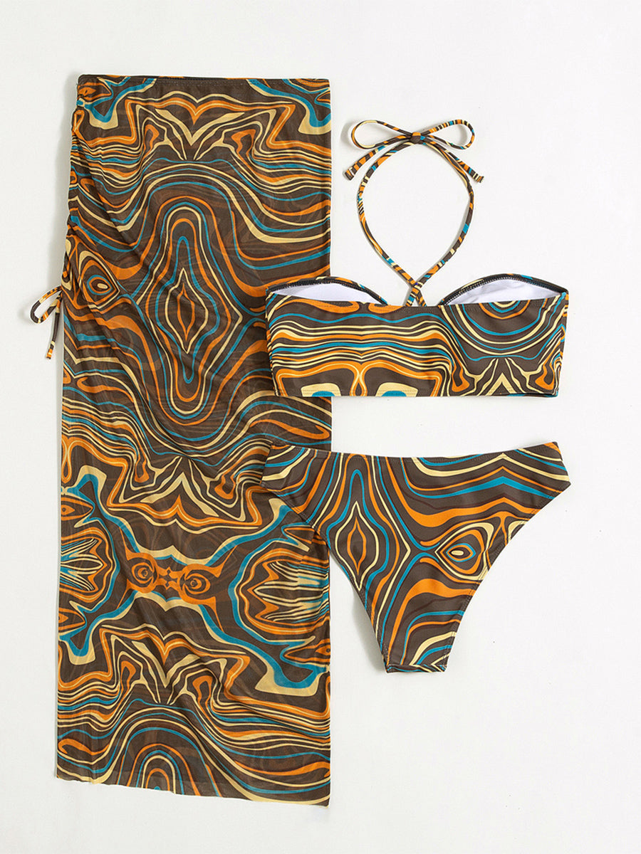 Print Bikini 2022 Mesh 3 pieces set Sexy Swimsuit Women