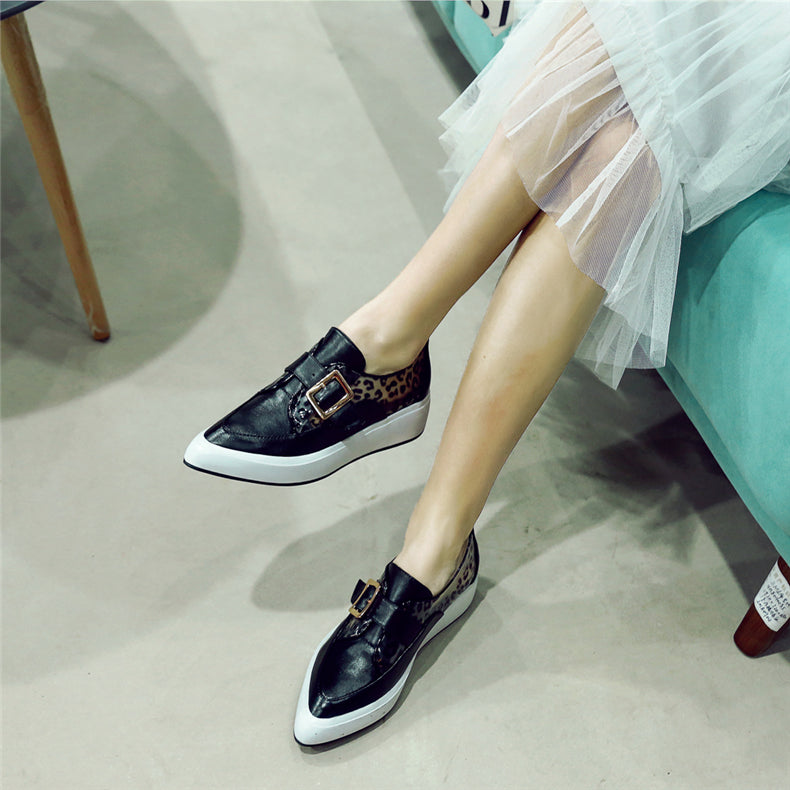 Women  Leather Flat Laces Platform Loafers