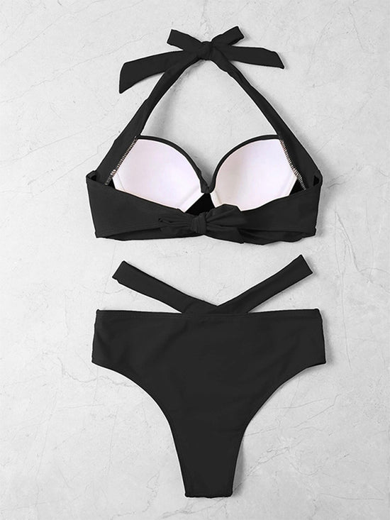 Solid Push Up Bandage Halter Bikinis