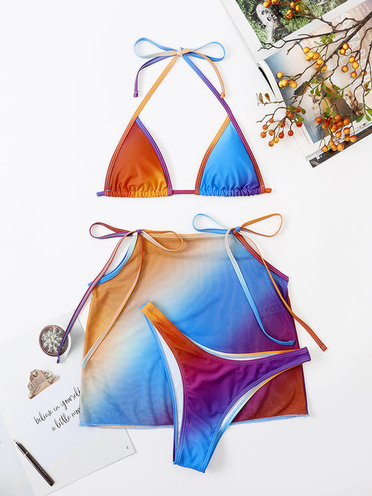 3 Pieces Bikini Set With Blue Orange Gradie String Thong