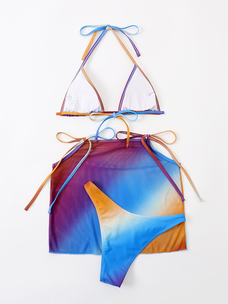 3 Pieces Bikini Set With Blue Orange Gradie String Thong