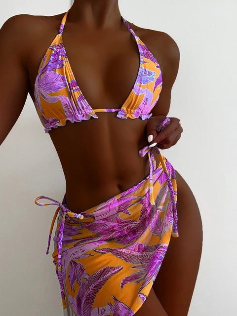 Print Halter Ruffled Bikini Female Micro Swimsuit