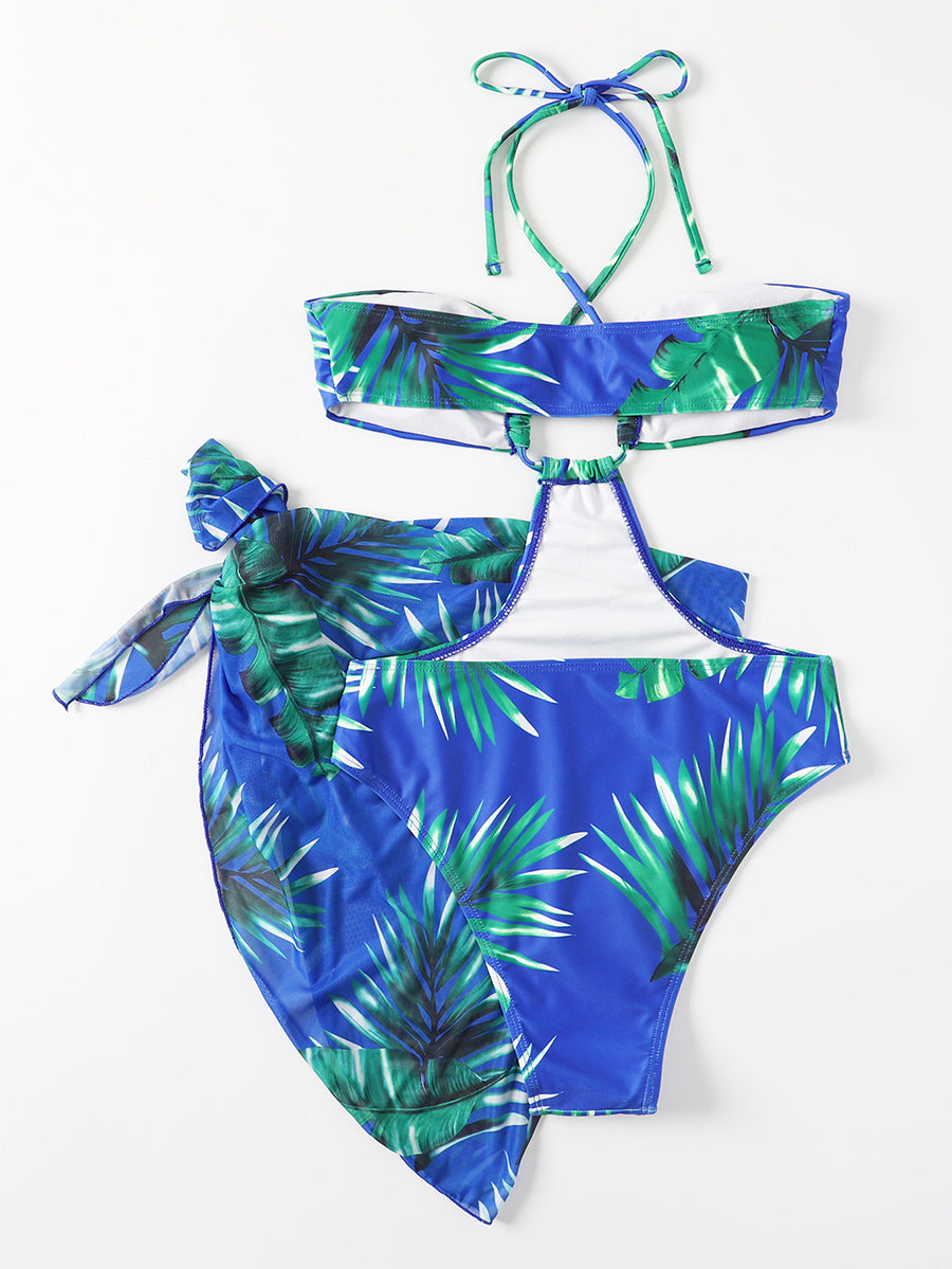 3 Pieces Mesh Skirt Swimsuit Women Halter Micro Leaf Print