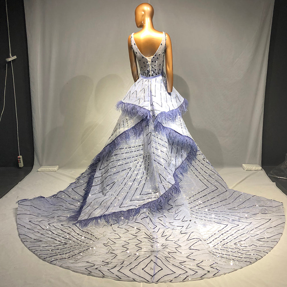 Blue Beaded Feather Evening Dresses Gowns Mermaid Luxury