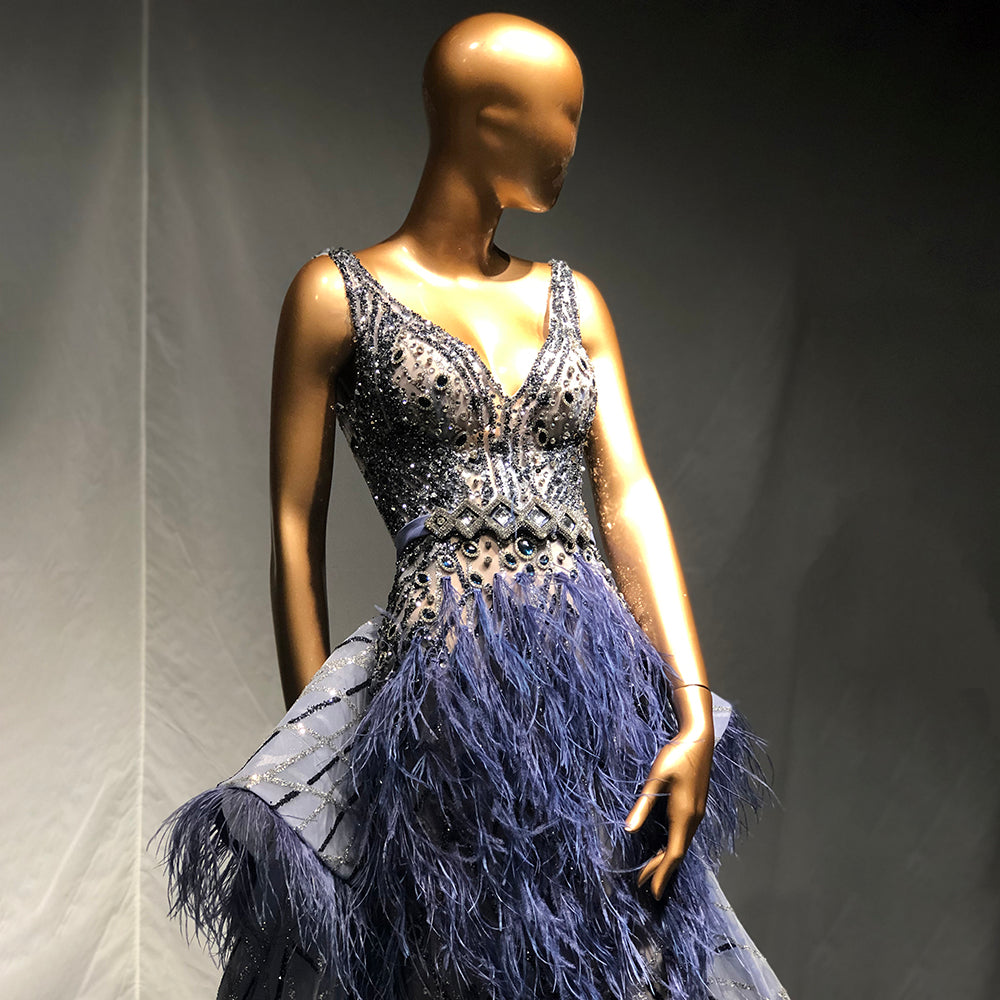 Blue Beaded Feather Evening Dresses Gowns Mermaid Luxury