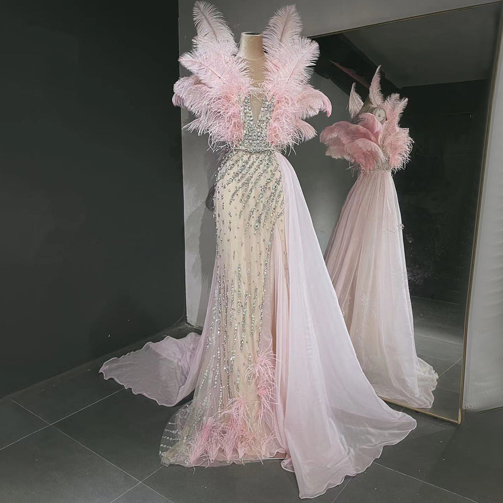 Blue Feather Beaded Evening Dresses Gowns Luxury