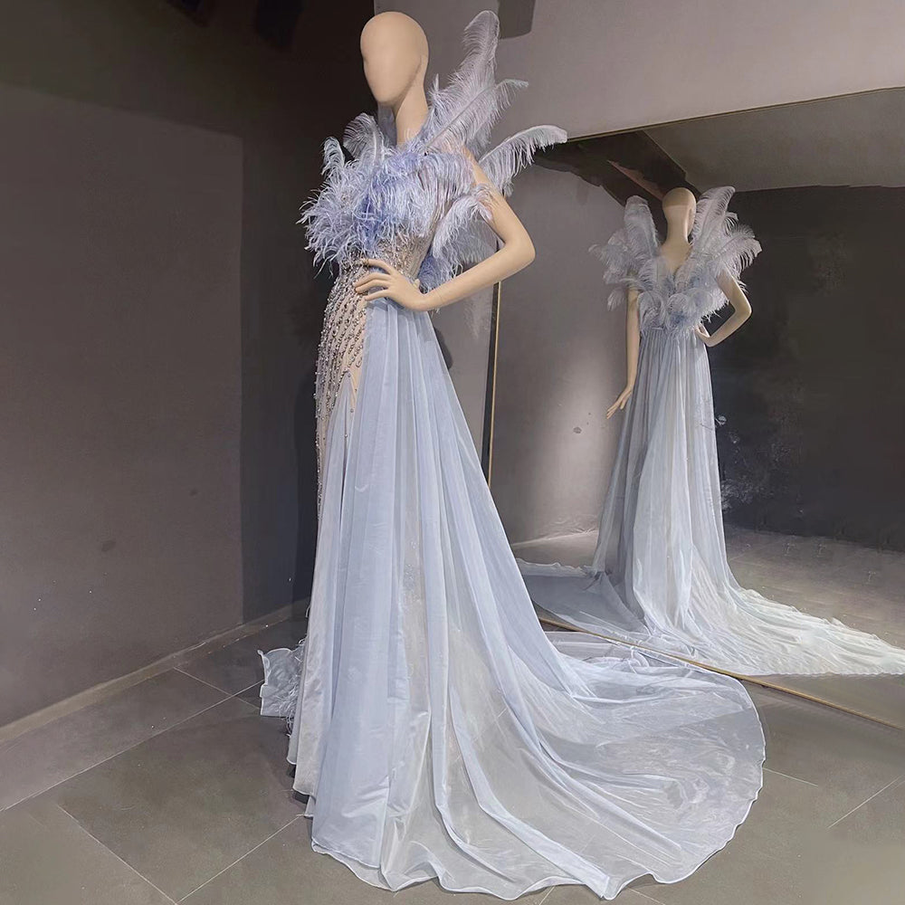 Blue Feather Beaded Evening Dresses Gowns Luxury