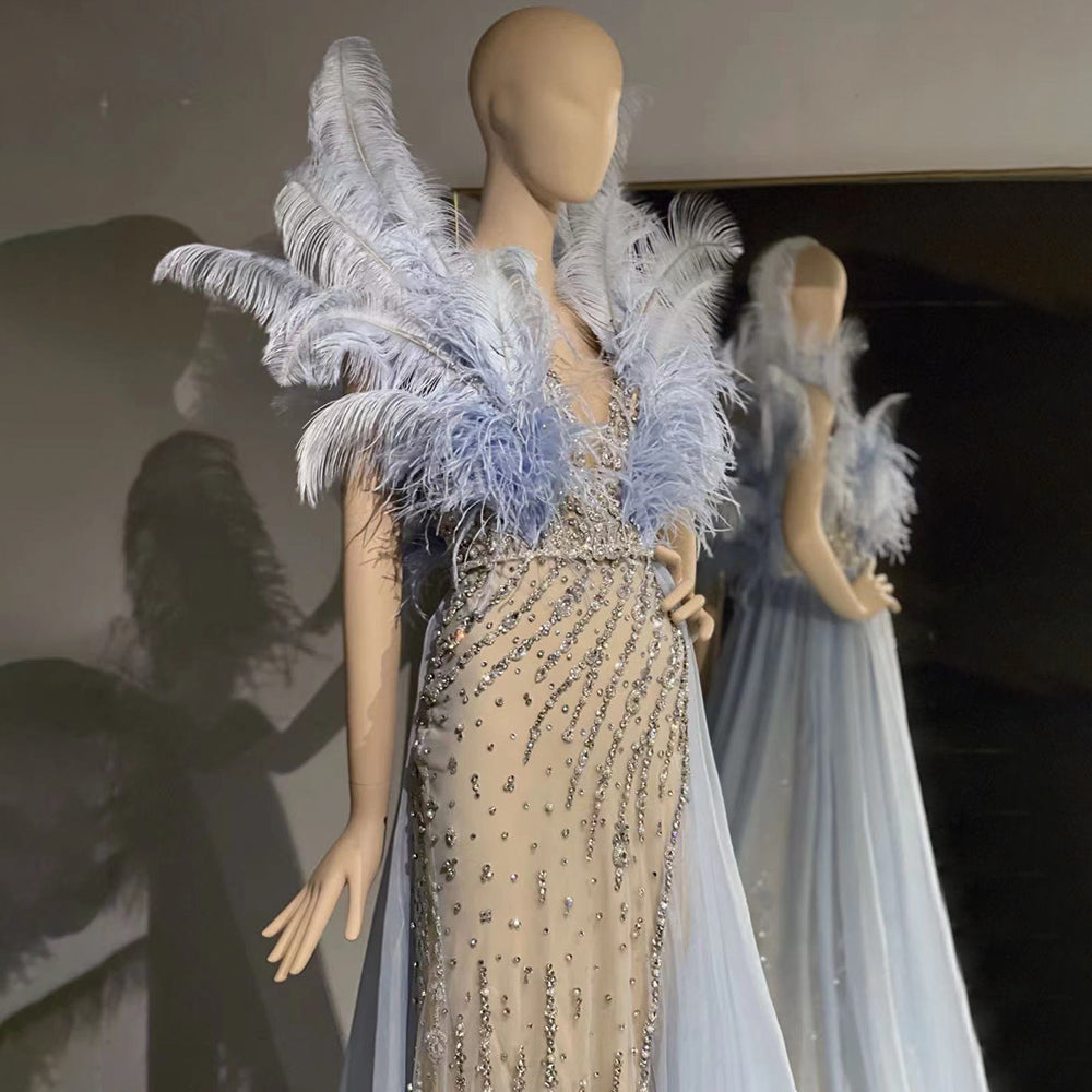 Blue Feather Beaded Evening Dresses Gowns Luxury