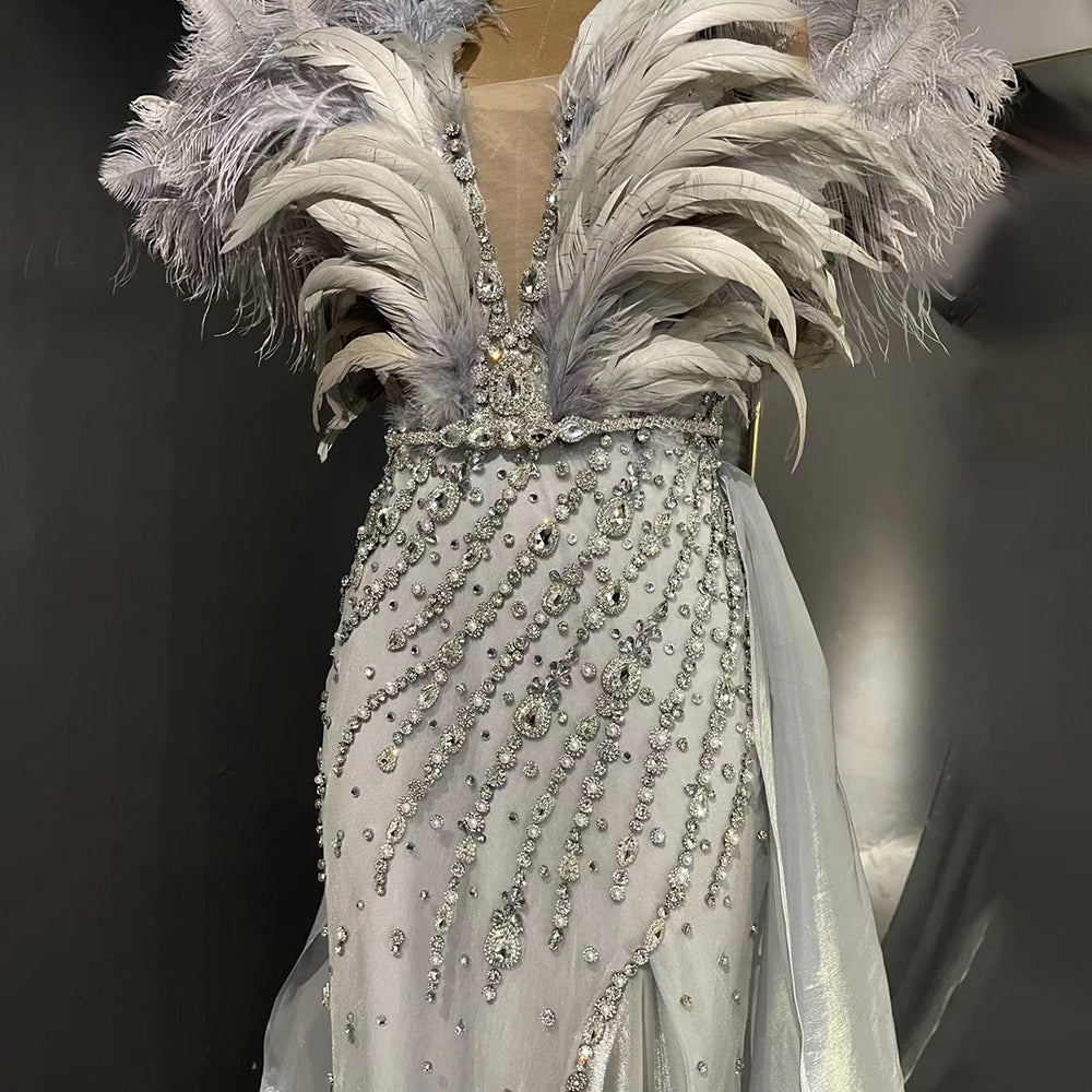 Blue Feather Beaded Evening Dresses Gowns Luxury