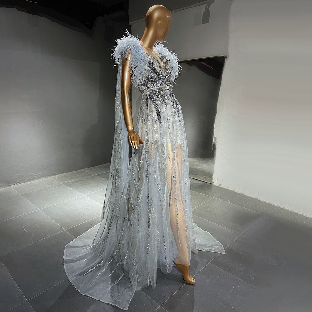 Blue Feather Beaded Evening Dresses Gowns Luxury