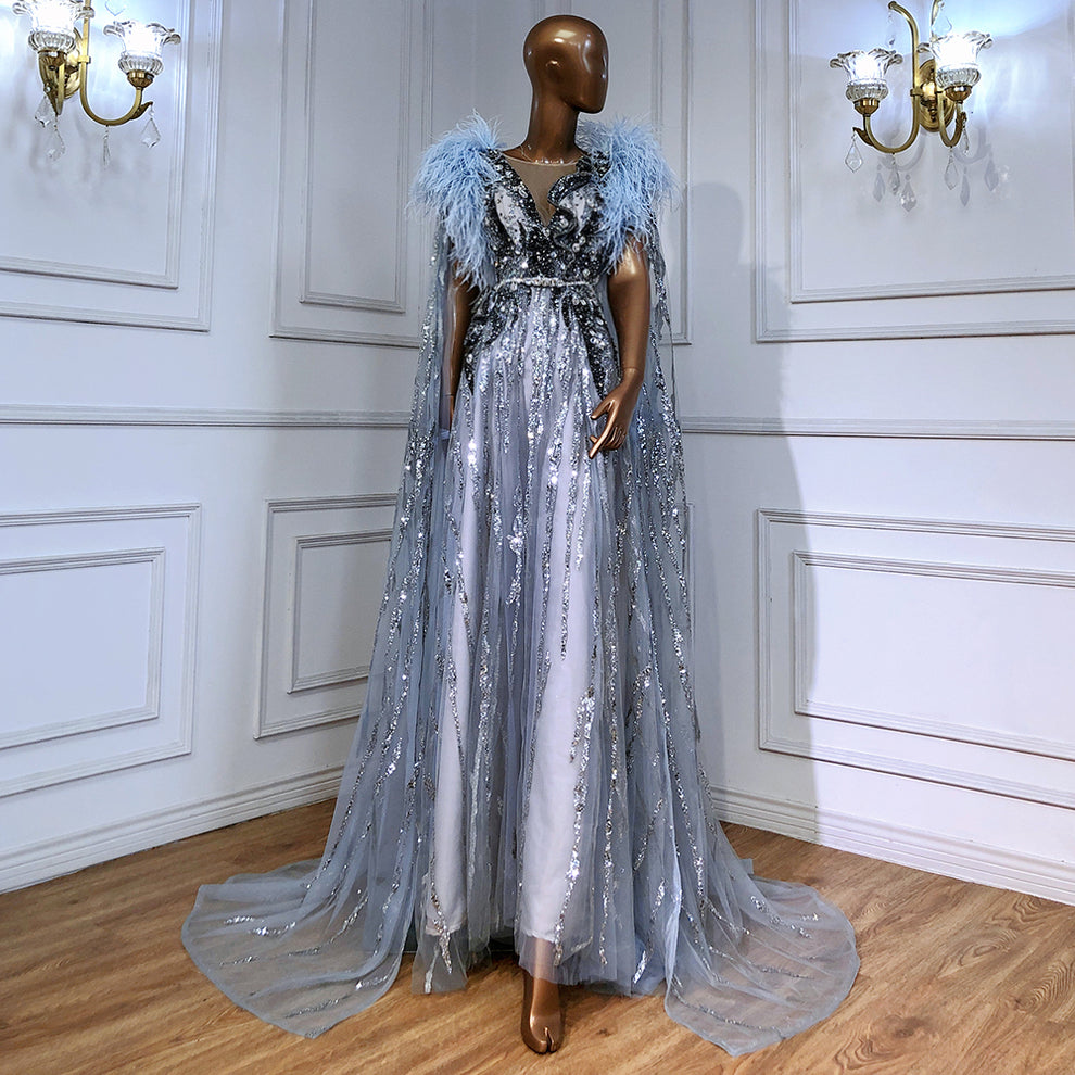 Glamorous Feather Adorned Off-the-Shoulder Party Dress Slate Blue
