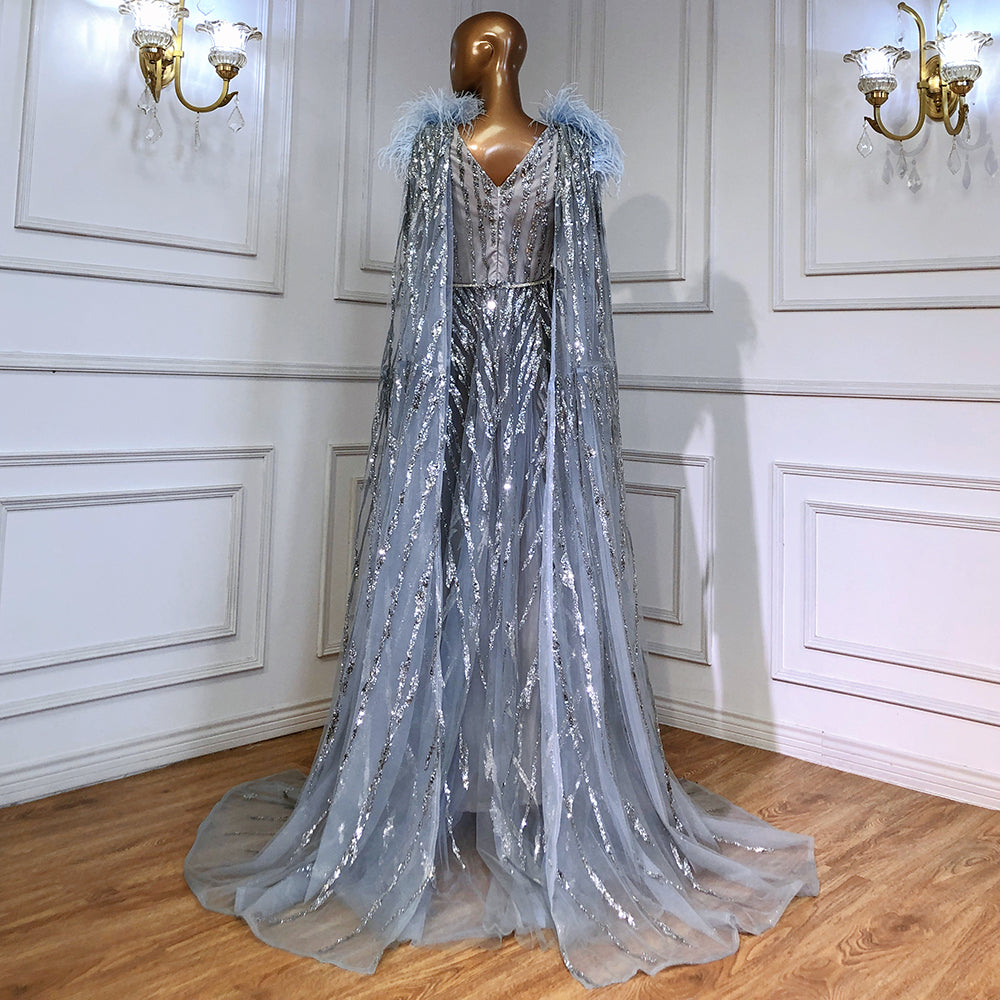 Blue Feather Beaded Evening Dresses Gowns Luxury