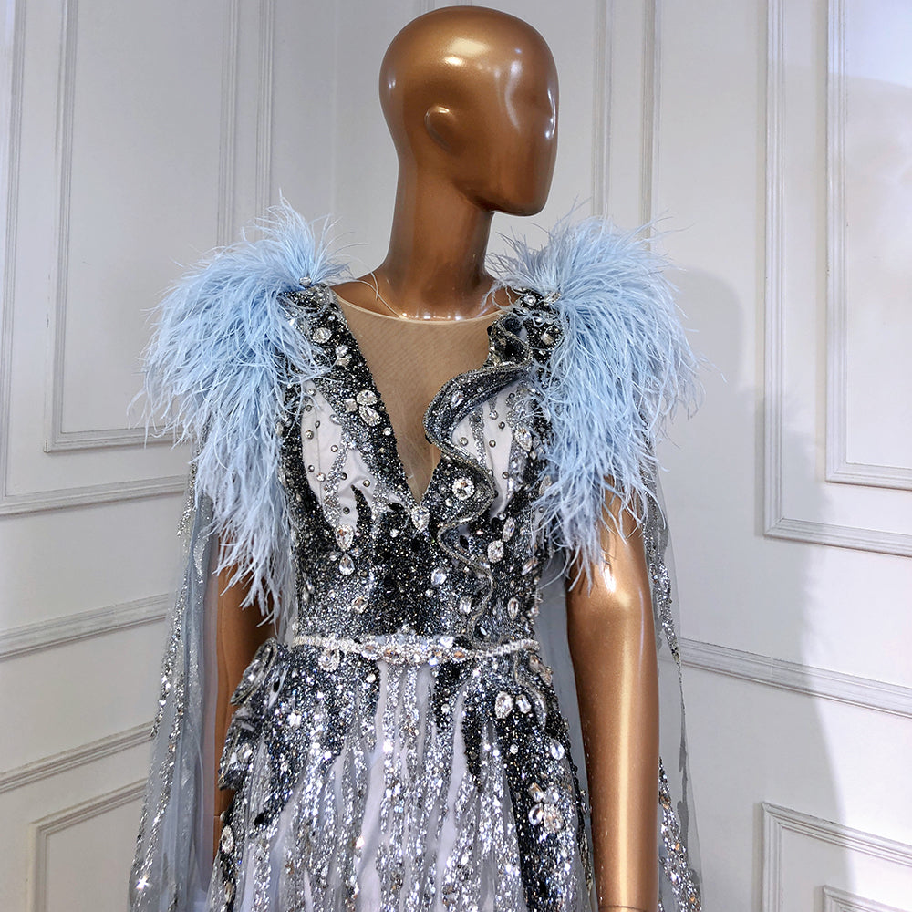 Blue Feather Beaded Evening Dresses Gowns Luxury