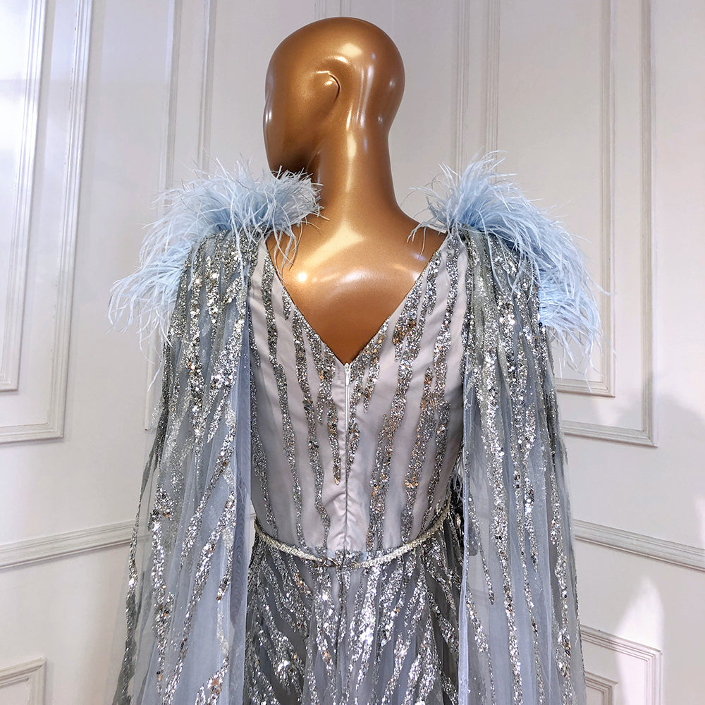 Blue Feather Beaded Evening Dresses Gowns Luxury
