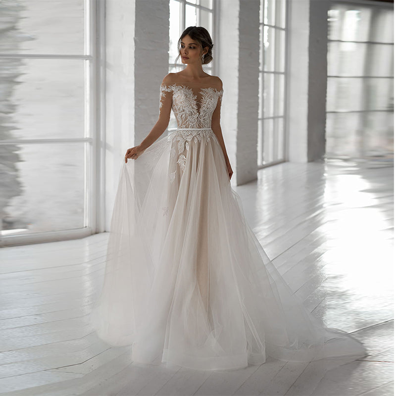 Tulle Long Sleeve Sashes Wedding Dress