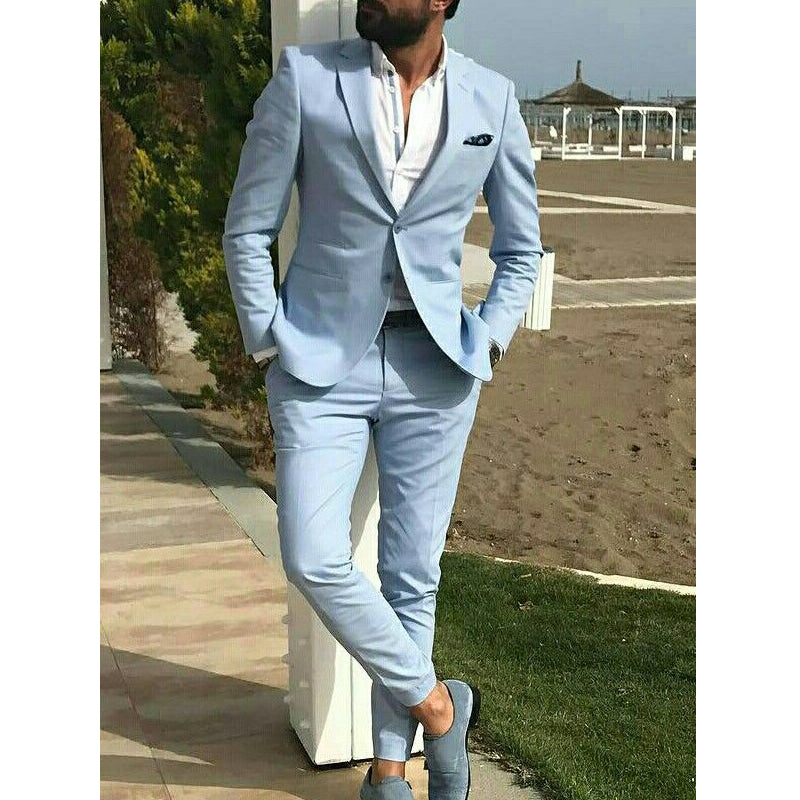 Sky Blue Linen Beach Men Suits Groom Tuxedo for Wedding