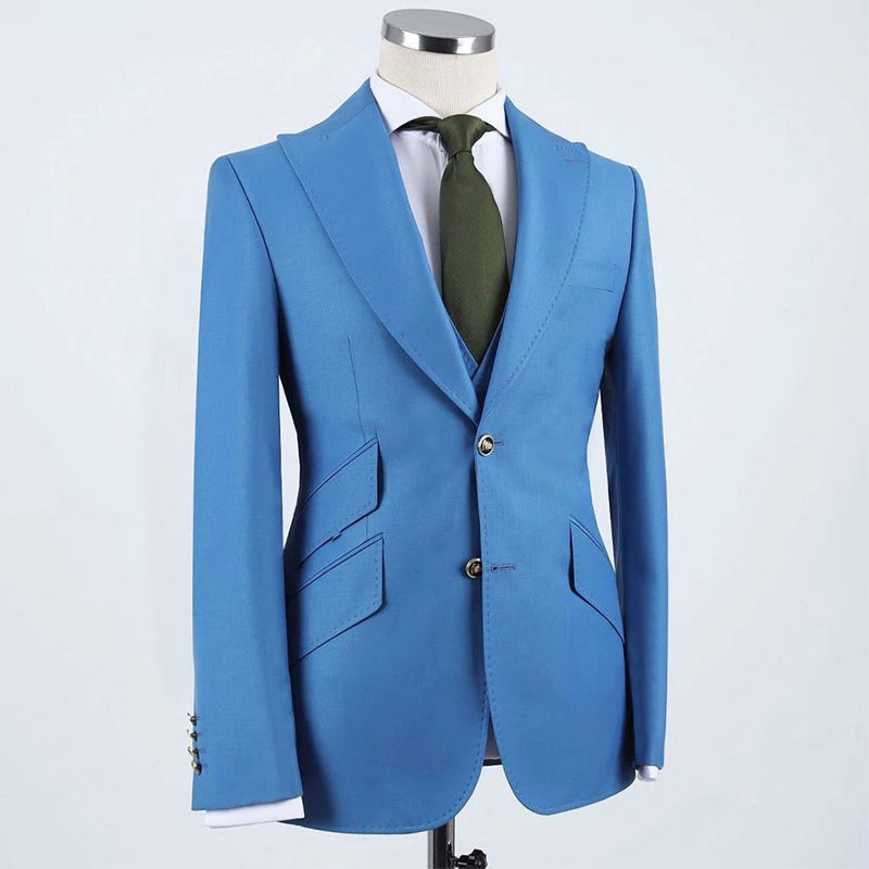 Blue Slim Fit Men Suits with Peaked Lapel Groom 3 Pcs