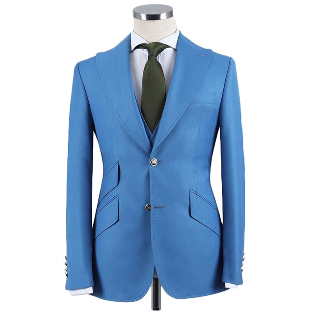 Blue Slim Fit Men Suits with Peaked Lapel Groom 3 Pcs