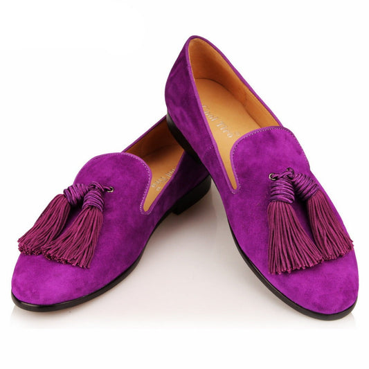 Men Handmade Shoes Purple Suede Loafers Tassels