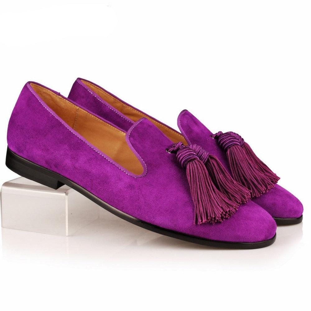Men Handmade Shoes Purple Suede Loafers Tassels