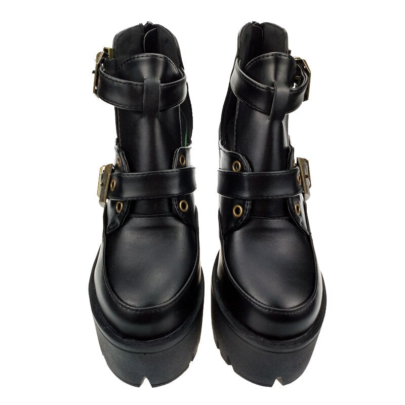 女性用 中空プラットフォーム アンクルブーツ シューズ ブラック