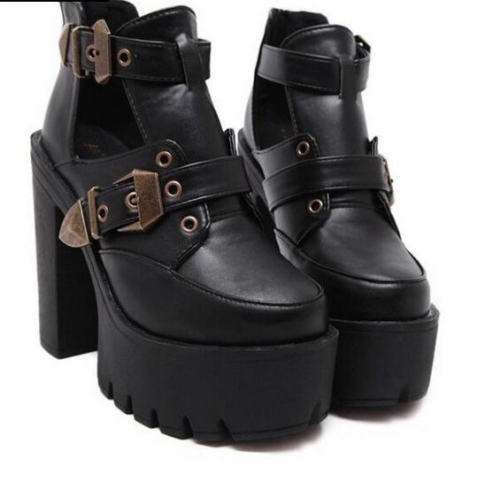 女性用 中空プラットフォーム アンクルブーツ シューズ ブラック