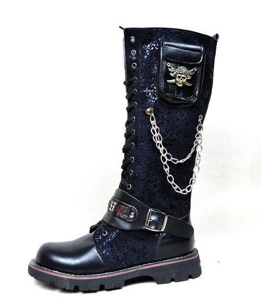Black Army Gothic Boots Men Military Combat Metal Skull Buckle Motorcycle Punk High Leather Men's Shoes Rock Bota Masculina Hot - LiveTrendsX