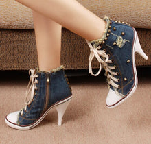 Load image into Gallery viewer, Korean Style Women Summer denim High Heels Lace Up High Top Rivets Side Zipper Fashion Casual Denim Shoes large size 42 - LiveTrendsX
