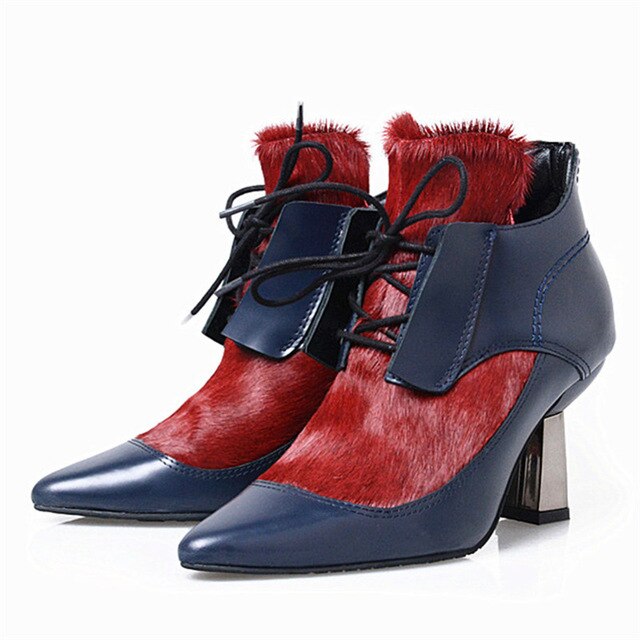 Autumn Horsehair Ankle Boots Fashion Mixed Color Genuine Leather High Heel Shoes Lace Up Strange Heel Women Pumps - LiveTrendsX