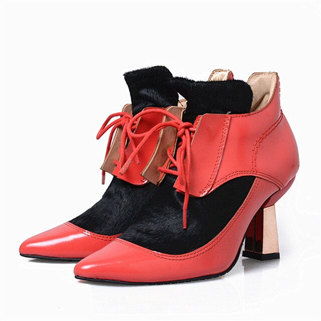 Autumn Horsehair Ankle Boots Fashion Mixed Color Genuine Leather High Heel Shoes Lace Up Strange Heel Women Pumps - LiveTrendsX