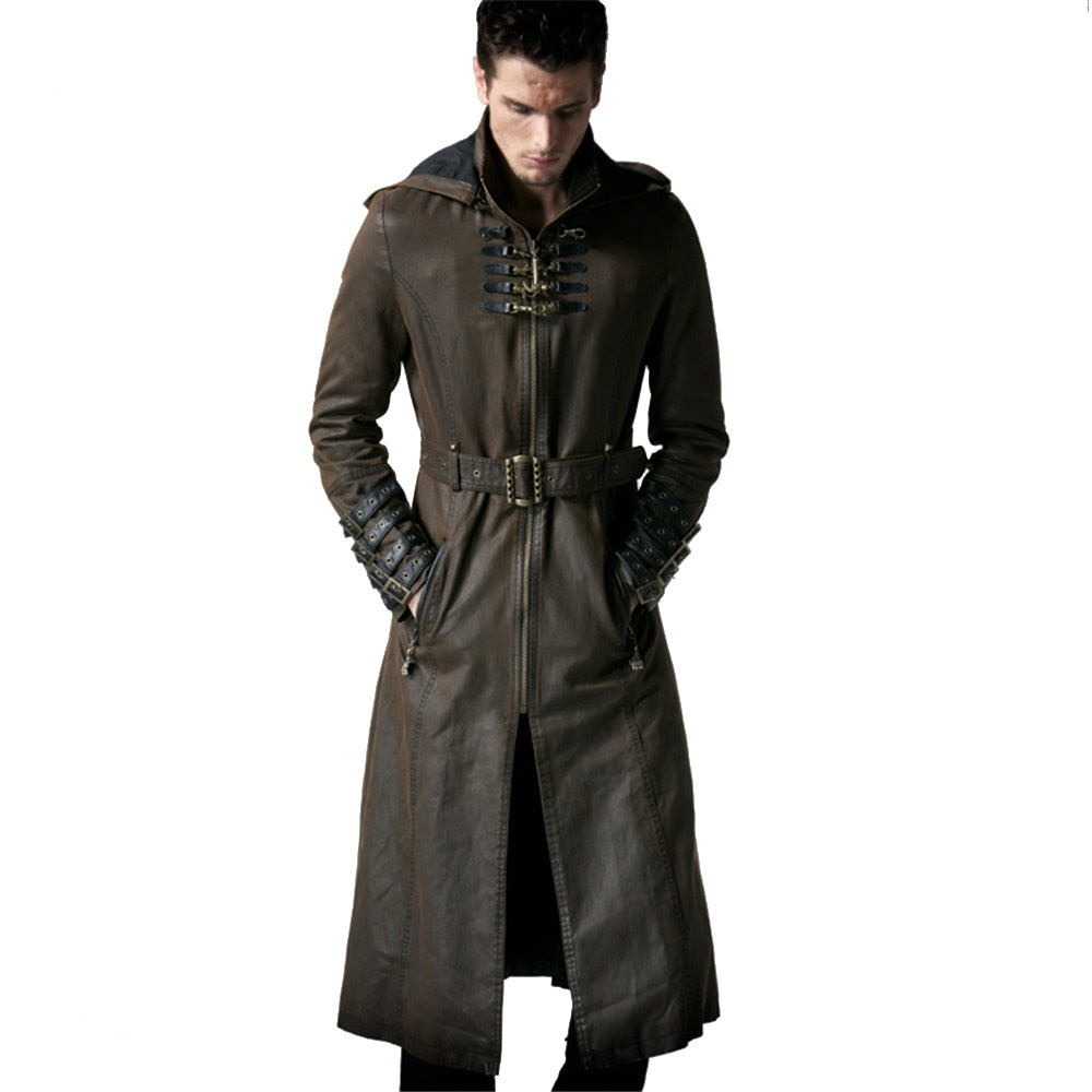 Steampunk Gothic Fashion Men Coffee Dark Twill Long Coat Punk Handsome Leather Loops Hooded Trench Coats Windbreaker Overcoats - LiveTrendsX